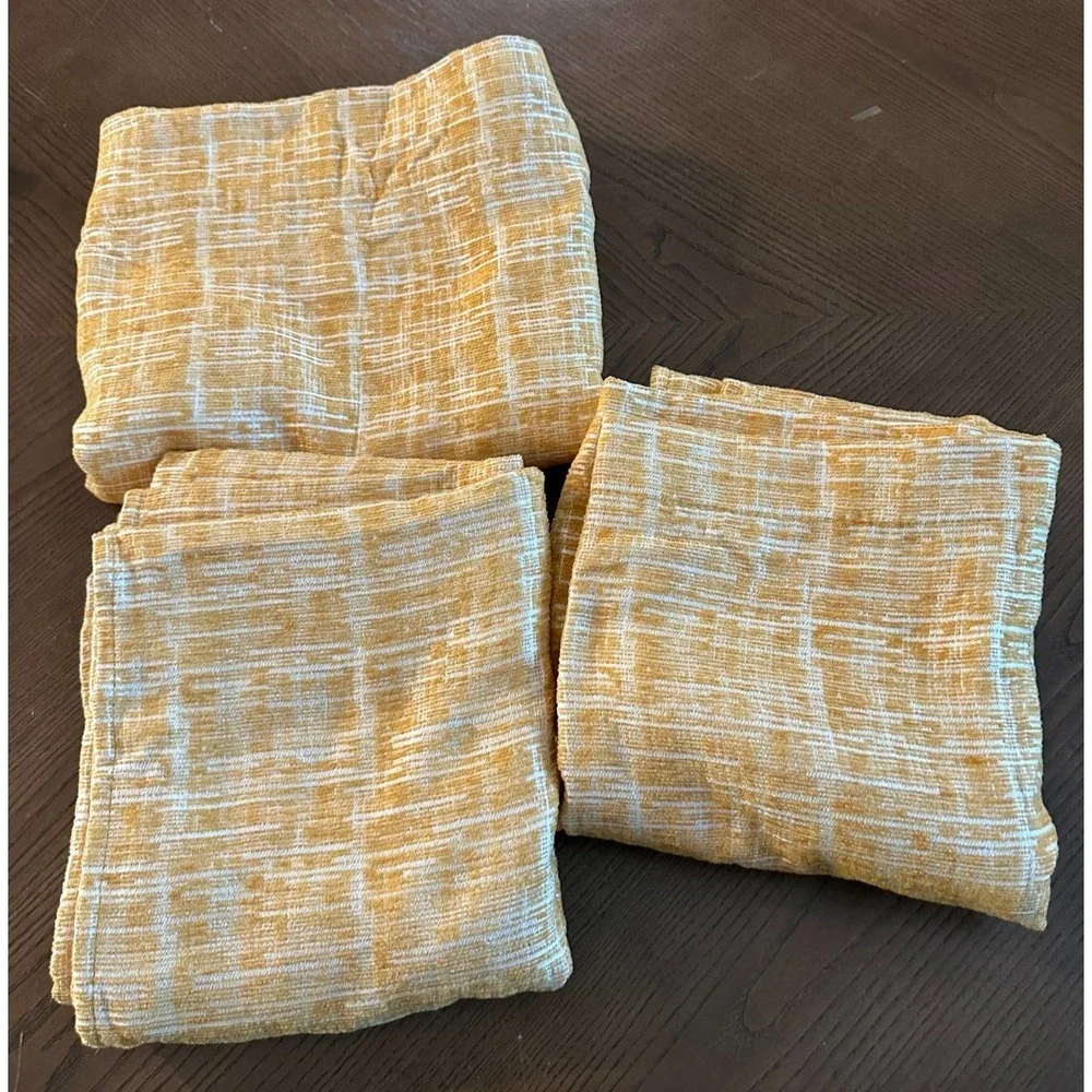 3 Etched Grid Cotton Canvas Curtain 84x37 Panels‎ Horseradish Yellow White Used